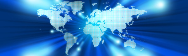 Dargestellt wird eine digitale Weltkarte mit einem gepunkteten Muster auf blauem, strahlendem Hintergrund.