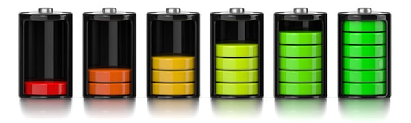 Sechs Batteriesymbole zeigen den unterschiedlichen Ladezustand von leer bis voll mit Farbübergängen von Rot nach Grün an.