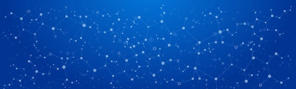 Ein blauer Hintergrund mit einem verbundenen Netzwerk aus kleinen Kreisen und Linien, die eine molekulare oder digitale Netzwerkstruktur darstellen.