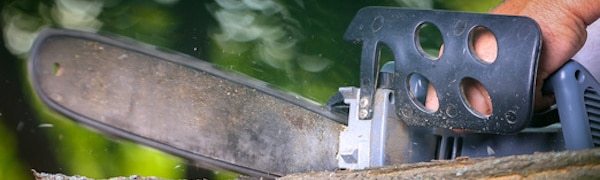 Nahaufnahme der Hand einer Person, die eine Kettensäge bedient und ein Stück Holz durchschneidet. Der Hintergrund ist unscharf und hebt die Bewegung der Kettensäge hervor.