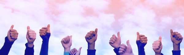 Vor einem rosa-blauen Himmel heben sich mehrere Hände mit erhobenen Daumen ab.