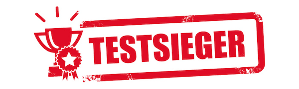 Roter Stempel mit Pokal-Symbol und fettgedrucktem Wort „TESTSIEGER“ als Hinweis auf einen Testsieger.