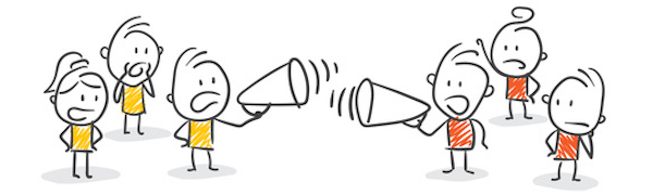 Eine einfache Zeichnung zeigt zwei Gruppen von Strichmännchen mit Megaphonen, die einander gegenüberstehen und scheinbar streiten. Eine Gruppe trägt orangefarbene Hemden, die andere gelbe.