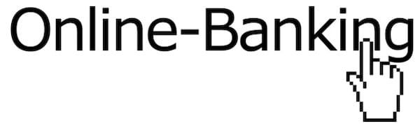 Das Bild zeigt das Wort „Online-Banking“ mit einem darauf zeigenden handförmigen Cursorsymbol, das auf einen anklickbaren Link oder eine Schnittstelle zu Online-Banking-Diensten hinweist.